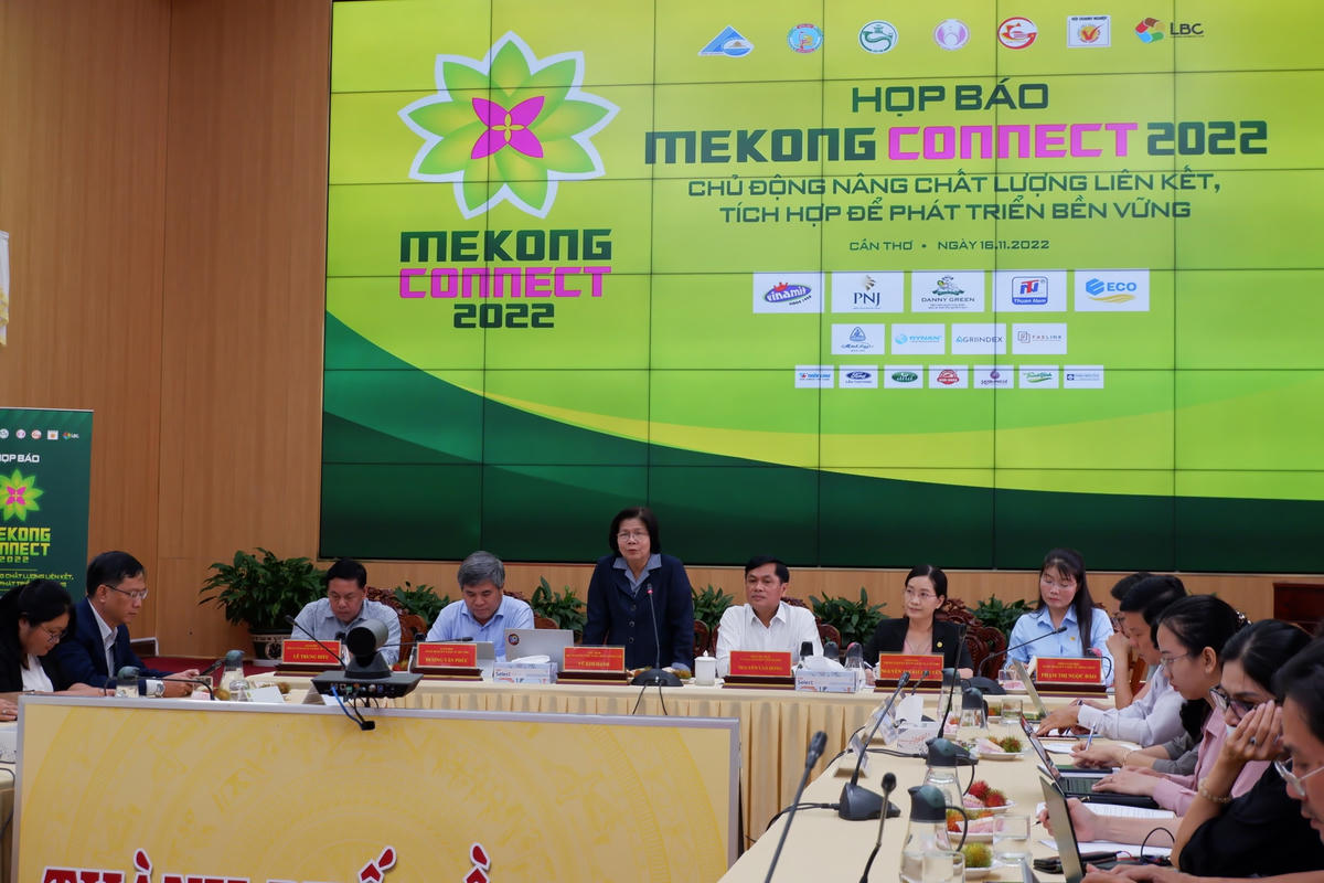 Bà Vũ Kim Hạnh, Chủ tịch Hội DN HVNCLC thông tin với báo chí.