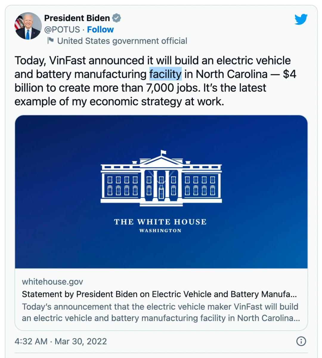 Nhà máy của Vinfast từng được Tổng thống Hoa Kỳ Joe Biden khen ngợi.