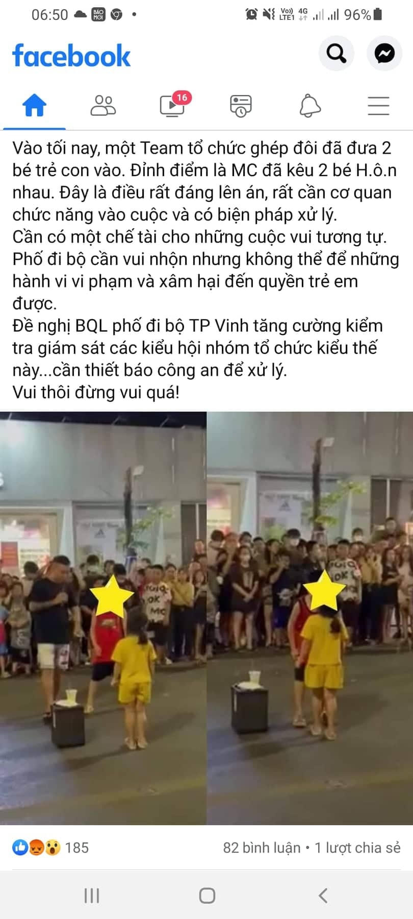 Mạng xã hội bất bình vì hành động đưa trẻ em vào trò chơi "ghép đôi" tại phố đi bộ TP Vinh tối ngày 24/6.