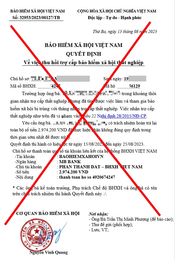 Văn bản lừa đảo có chữ ký và con dấu được làm giả rất tinh vi (ảnh chụp màn hình).