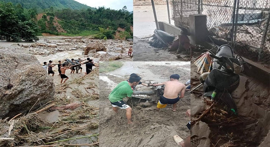 Mưa to, lũ quét cuốn trôi xe máy ra tận suối.