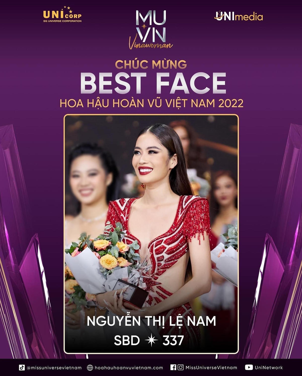 Lệ Nam dừng chân ở Top 10 Chung kết "Hoa hậu Hoàn vũ" dù trước đó đạt giải "Best Face".