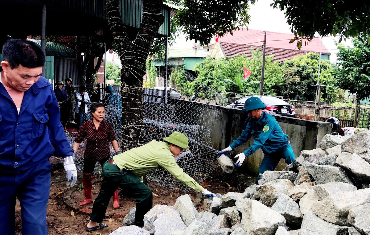 Người dân cùng nhiều lực lượng gia cố bờ sông Ngàn Mọ.