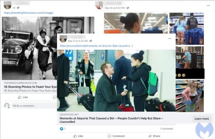 Người dùng Facebook đang bị dụ nhấp vào các bài báo giả mạo trước khi được chuyển hướng đến nơi khác. Ảnh: Malwarebytes.