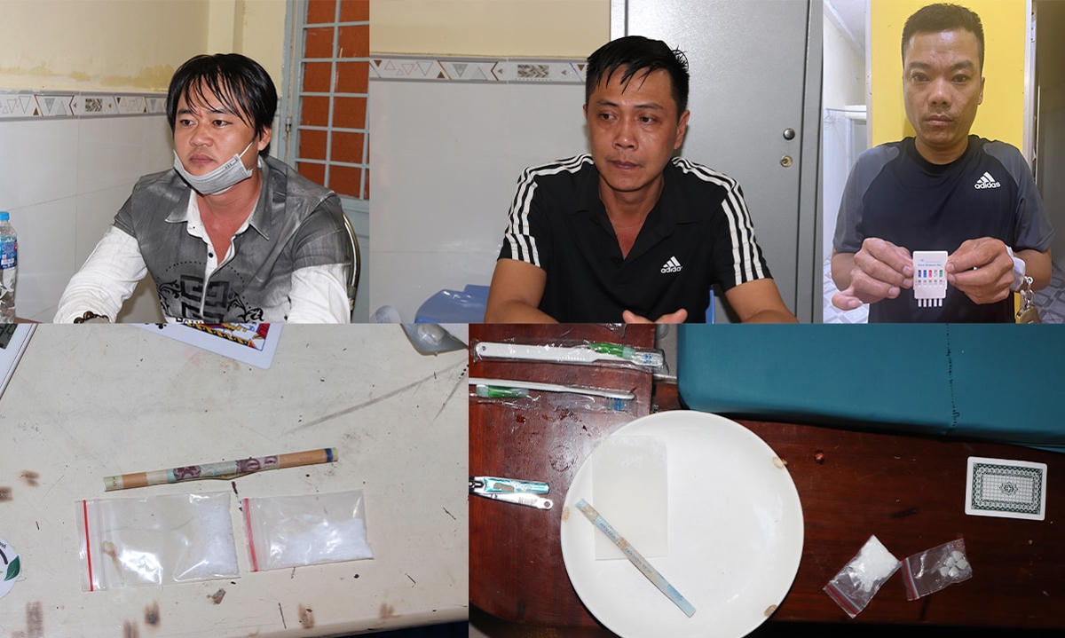 Các đối tượng Nhật Anh, Đăng Khoa, Minh Khoa cùng tang vật.  