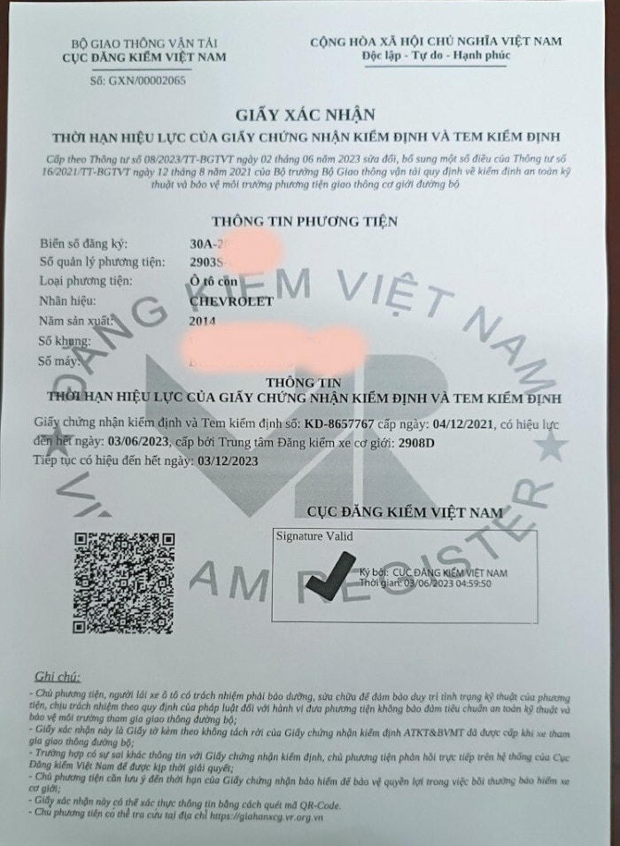 Một trong những Giấy xác nhận thời hạn hiệu lực của Giấy chứng nhận, Tem kiểm định đầu tiên được in từ phần mềm của Cục Đăng kiểm Việt Nam trong ngày 3/6/2023.