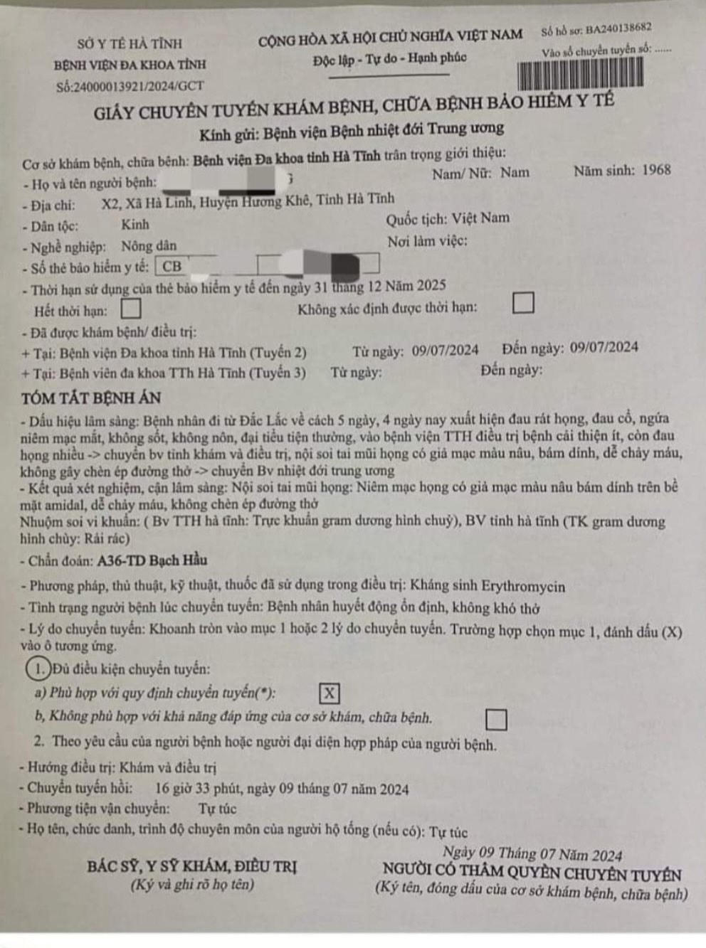 Bệnh nhân Phạm Hữu D. có các triệu chứng nghi nhiễm bạch hầu. Ảnh: VT.
