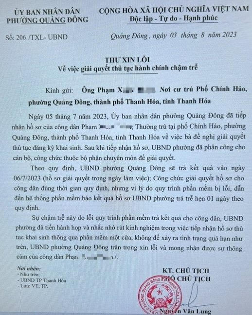 Thư xin lỗi người dân của cán bộ thuộc UBND phường Quảng Đông.