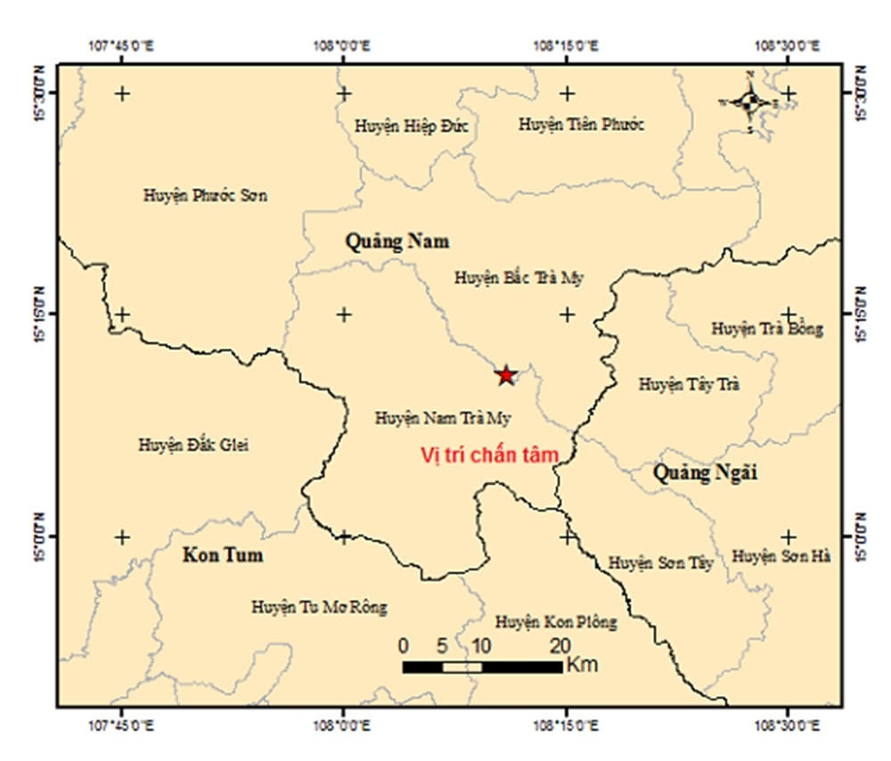 Vị trí tâm chấn động đất 2.6 độ richter ở huyện Nam Trà My. (Ảnh Viện Vật lý Địa cầu)
