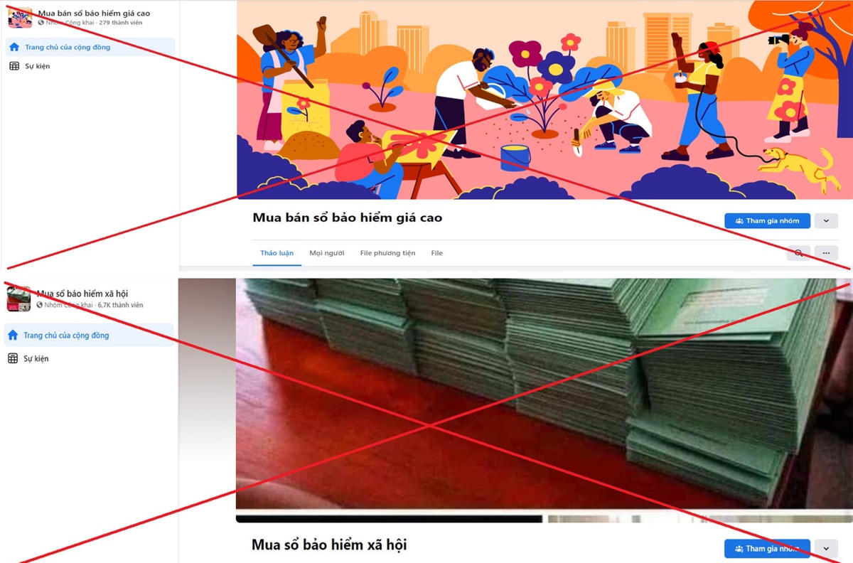 Ảnh chụp màn hình trang nhóm công khai rao mua bán sổ bảo hiểm xã hội.