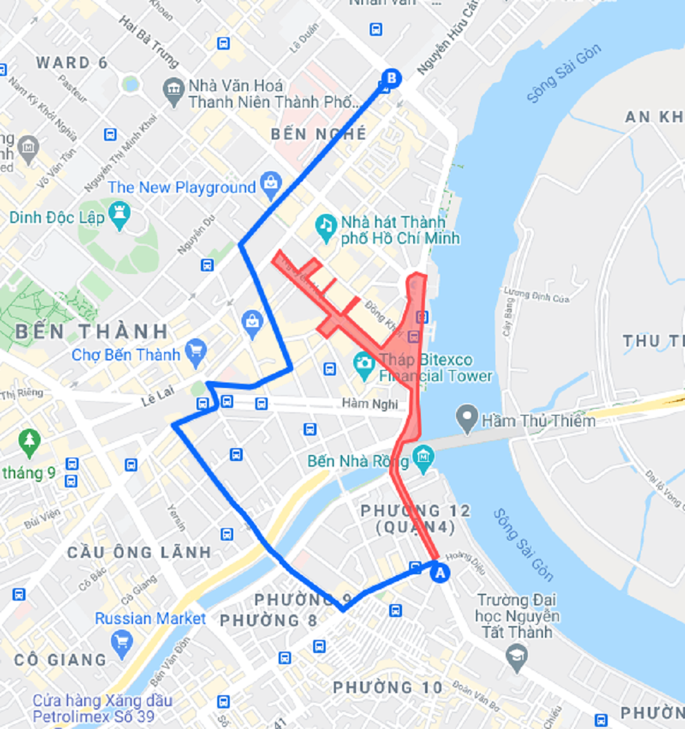 Lộ trình từ Quận 4 đi Quận 1: đường Nguyễn Tất Thành (Quận 4) → đường Hoàng Diệu → đường Đoàn Văn Bơ → cầu Calmette → đường Calmette → đường Trần Hưng Đạo → đường Phạm Ngũ Lão → Công trường Quách Thị Trang → đường Huỳnh Thúc Kháng (hoặc đường Lê Lợi) → đường Pasteur → đường Lý Tự Trọng → đường Tôn Đức Thắng (Quận 1).