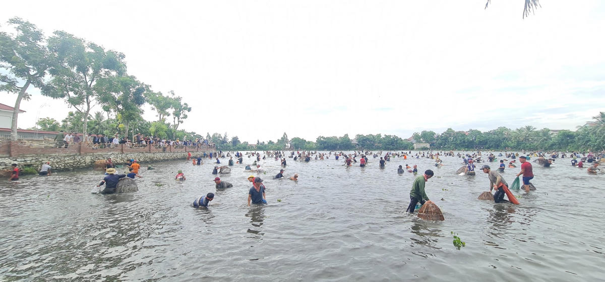Sau tiếng trống khai mạc, hàng trăm "nơm thủ" lao xuống hồ săn cá.
