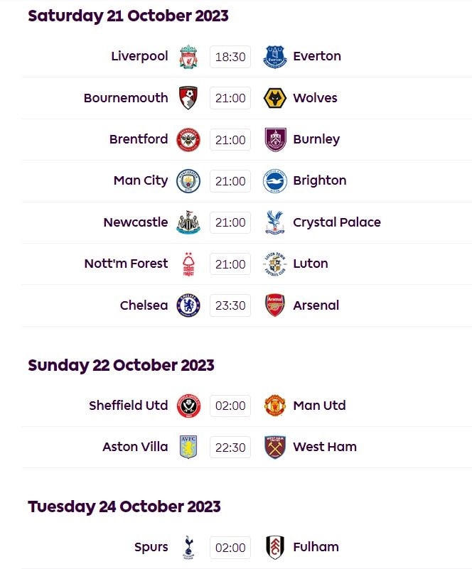 Lịch thi đấu vòng 9 Ngoại hạng Anh 2023/2024 theo giờ Việt Nam. Ảnh: BTC.