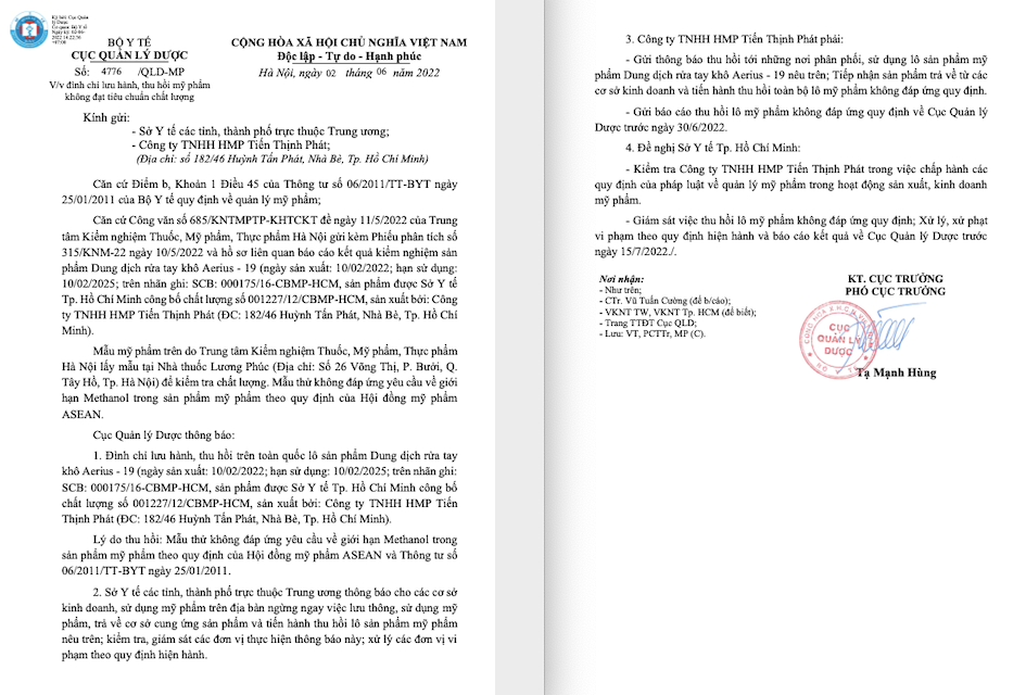 Thu hồi nước rửa tay khô Aerius-19 của công ty TNHH HMP Tiến Thịnh Phát