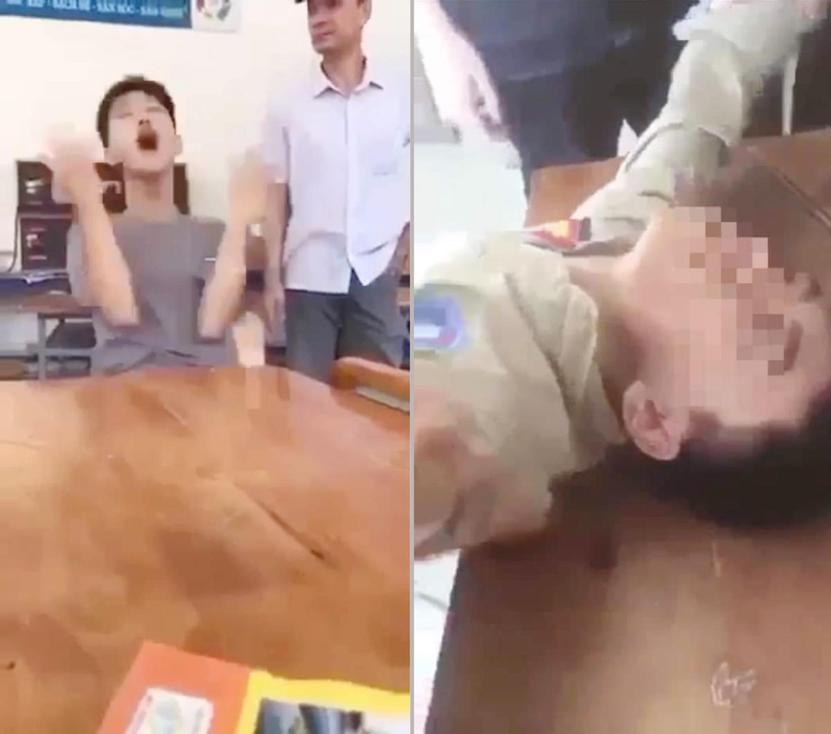 Hai nam sinh có hiện tượng "ngáo đá" trong lớp học. Ảnh cắt từ clip.