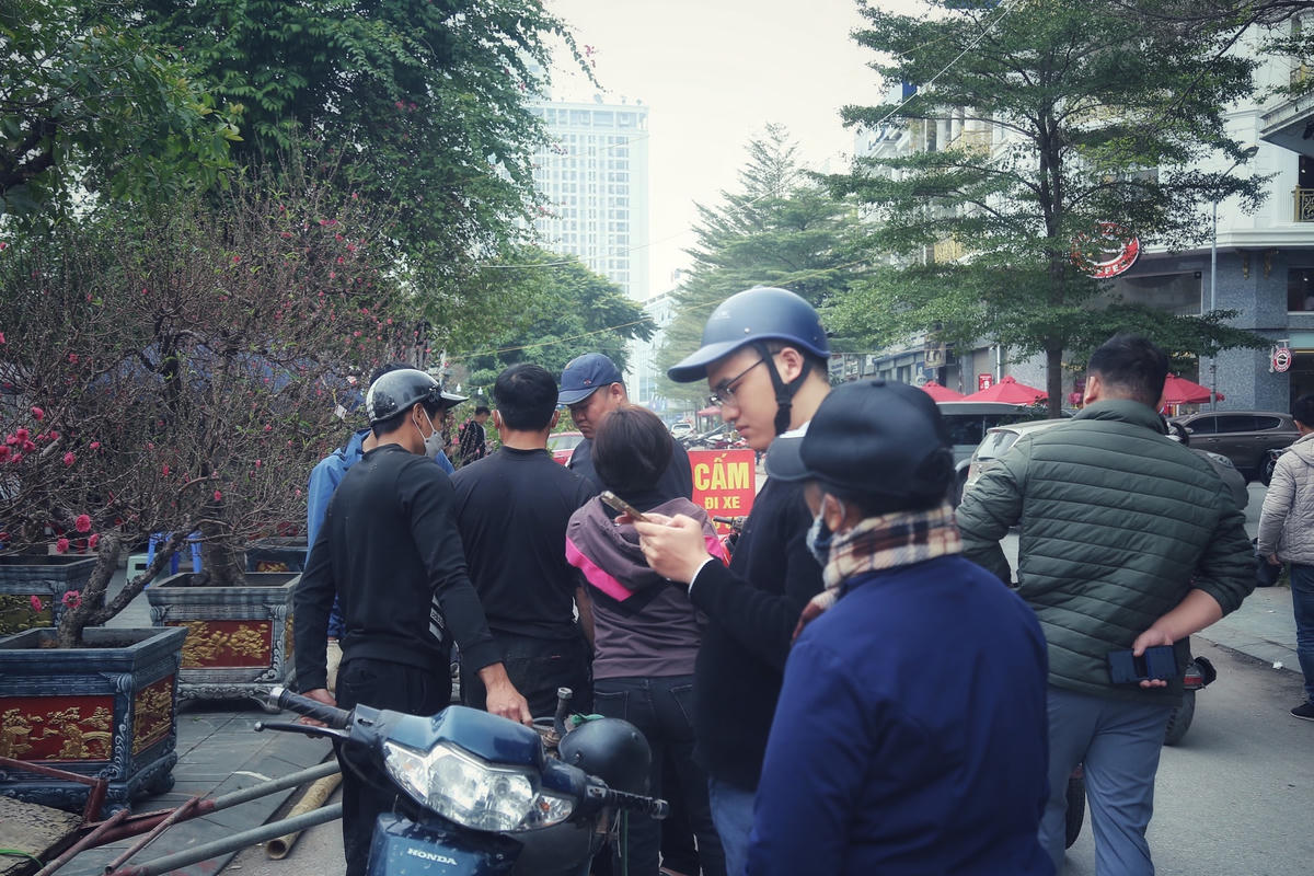 Các nhà vườn trưng bày những chậu hoa đào trên vỉa hè đường Tố Hữu (Hà Đông) thu hút được nhiều khách qua đường nán lại tham quan mua sắm.