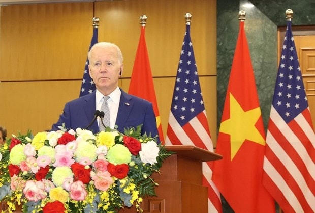 Tổng thống Hoa Kỳ Joe Biden phát biểu tại cuộc Họp báo Chung. (Ảnh: Trí Dũng/TTXVN).