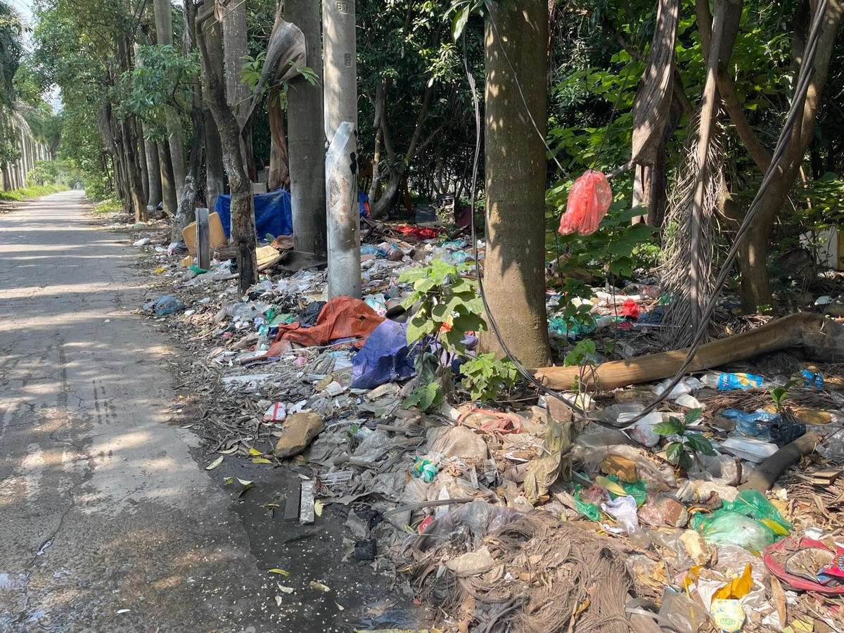 Ngay lối vào khu sinh thái có để tấm biển cấm đổ rác, nhưng tình trạng rác thải xuất hiện ngay lối vào khu công viên sinh thái Vĩnh Hưng vẫn tồn tại, bốc mùi hôi thối, gây mất vệ sinh môi trường và mỹ quan đô thị. 