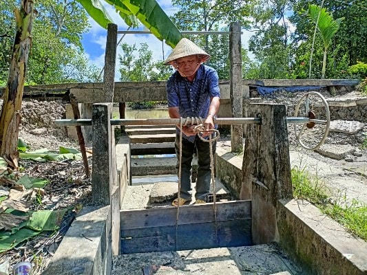 Ông Trần Minh Trí, ấp Tắc Biển, xã Viên An Đông kiểm tra cống xổ vuông tôm.
