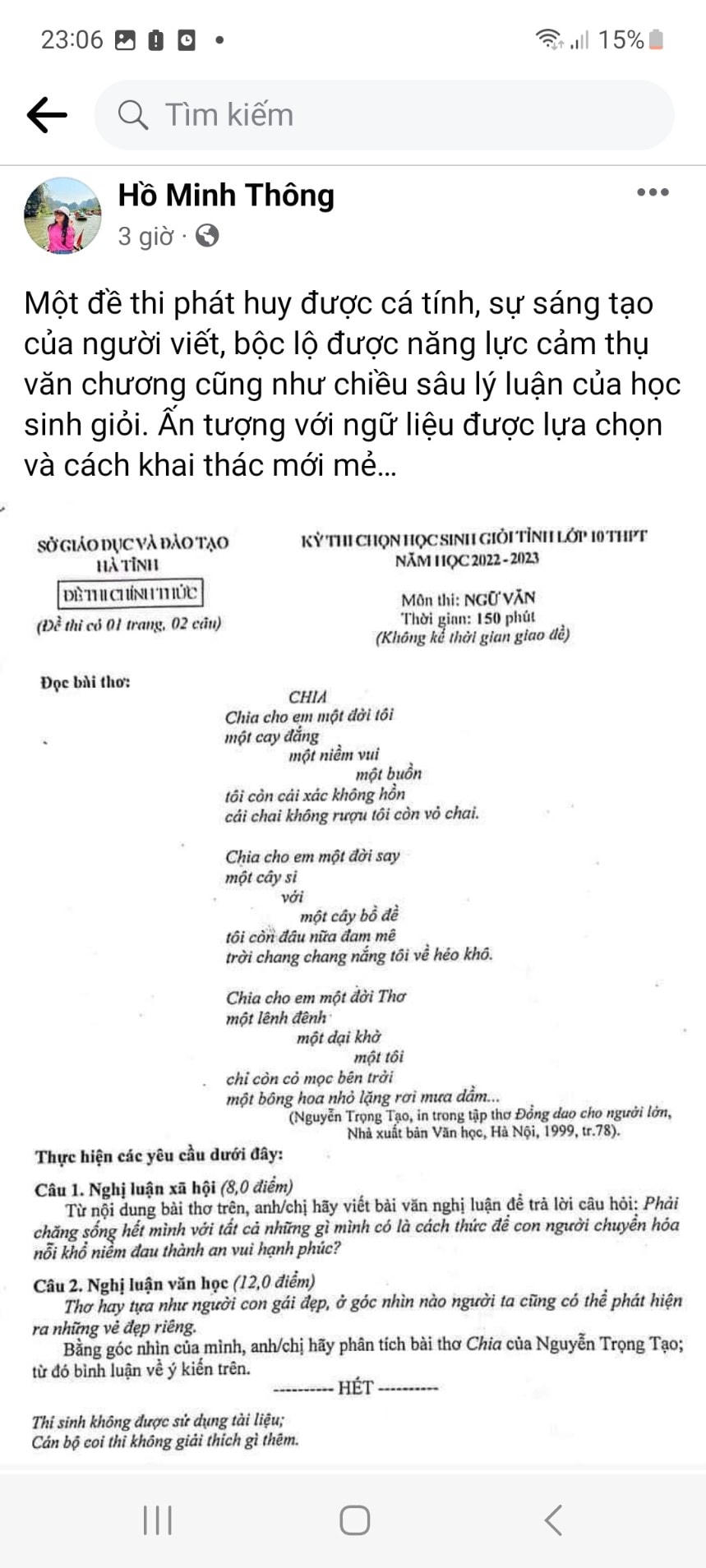 Ảnh chụp màn hình Facebook Hồ Minh Thông.