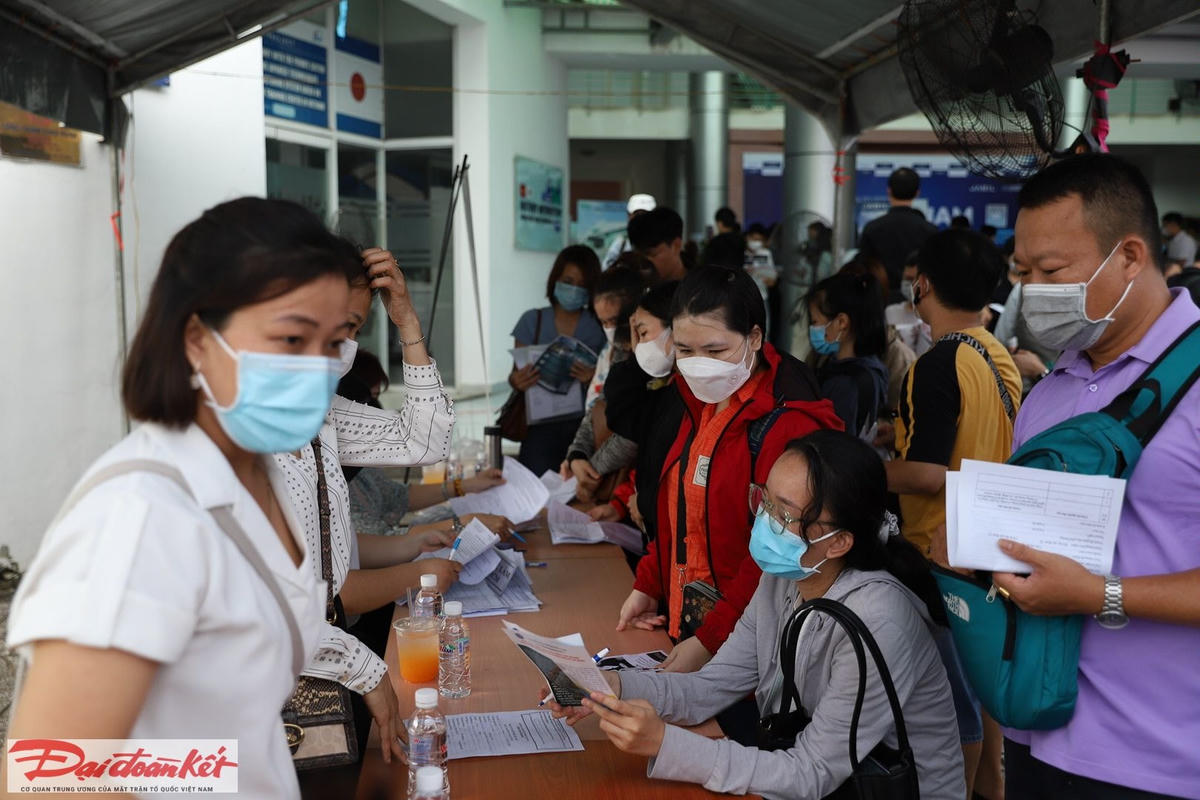 Sinh viên các trường nghề tìm hiểu cơ hội việc làm tại Ngày hội việc làm công nghệ cao lần thứ nhất năm 2023. (Ảnh: Hồng Phúc).