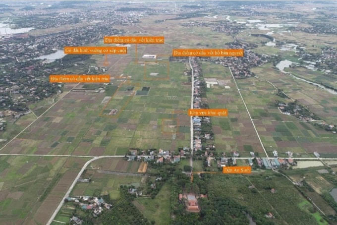 Các địa điểm tìm thấy dấu vết khảo cổ tại khu vực đền An Sinh. Ảnh: Phòng Văn hóa và Thông tin thị xã Đông Triều.