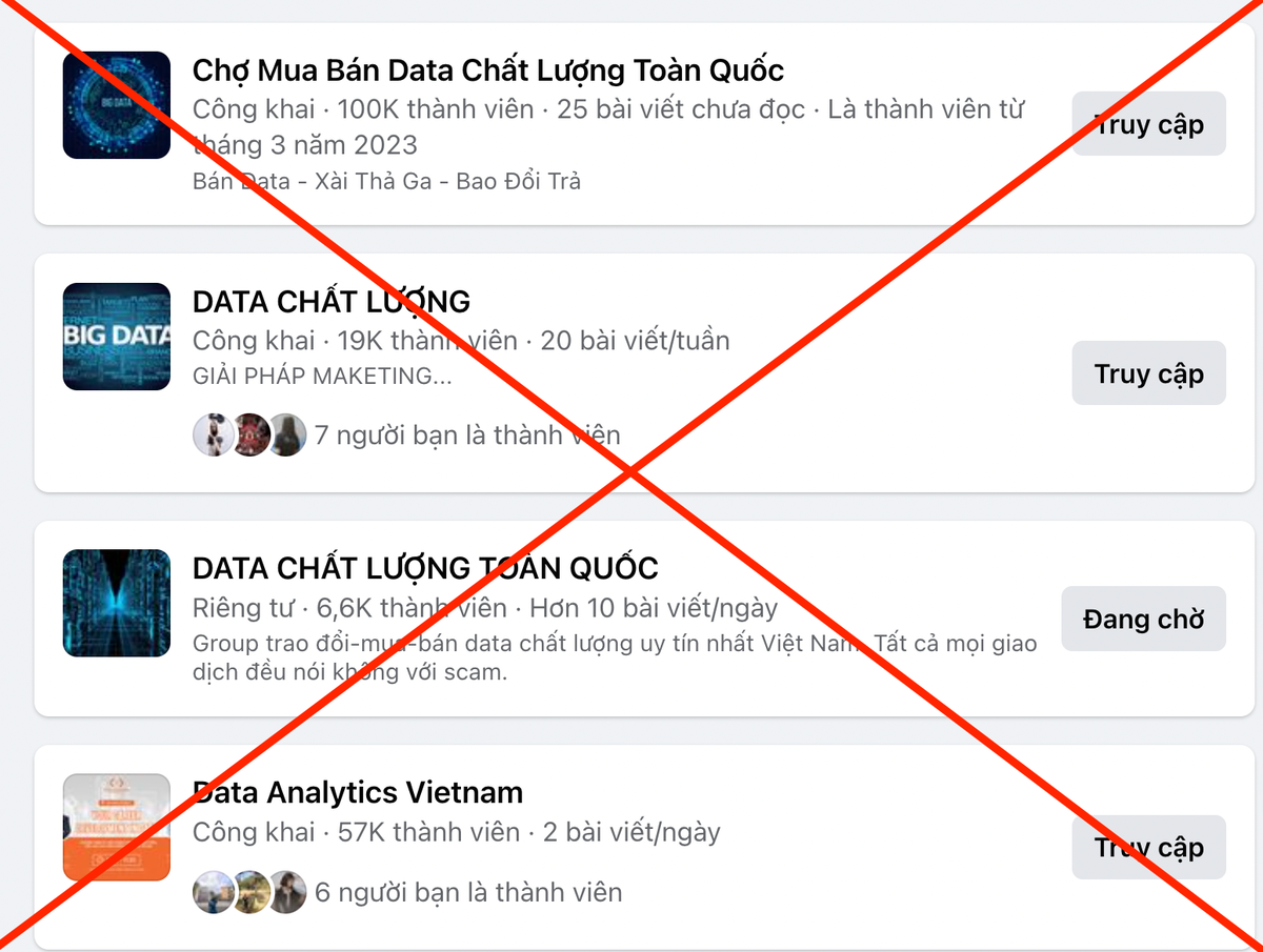 Hàng loạt hội nhóm mua bán dữ liệu cá nhân trên Facebook. Ảnh chụp màn hình.