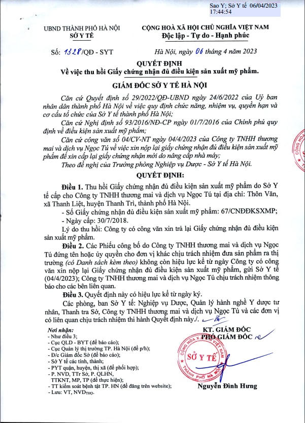 Thu hồi Giấy chứng nhận đủ điều kiện sản xuất mỹ phẩm Công Ty TNHH TM và DV Ngọc Tú.