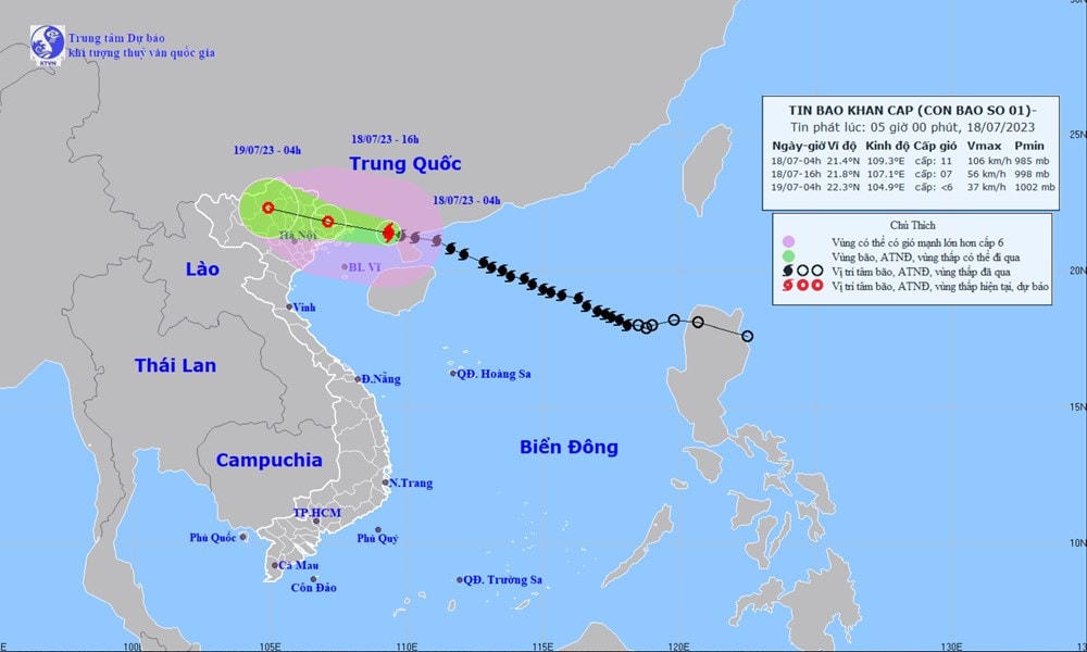 Vị trí và đường đi của cơn bão số 1. (Nguồn: Trung tâm Dự báo Khí tượng Thủy văn Quốc gia).