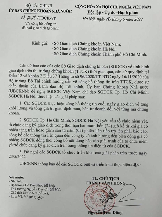 UBCKNN yêu cầu các Sở GDCK triển khai thực hiện công bố thông tin về giao dịch tự doanh
