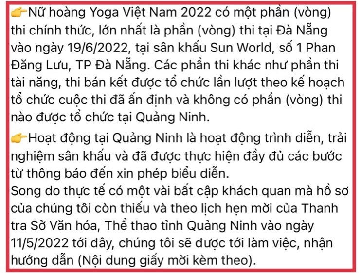 BTC cuộc thi khẳng định "không có phần (vòng) thi nào được tổ chức tại Quảng Ninh" trong bài đăng mới đây trên trang fanpage chính thức của cuộc thi.
