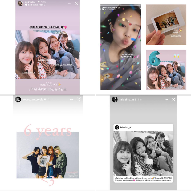 Blackpink đồng loạt đăng story trên Instagram, chúc mừng 6 năm ra mắt của nhóm.