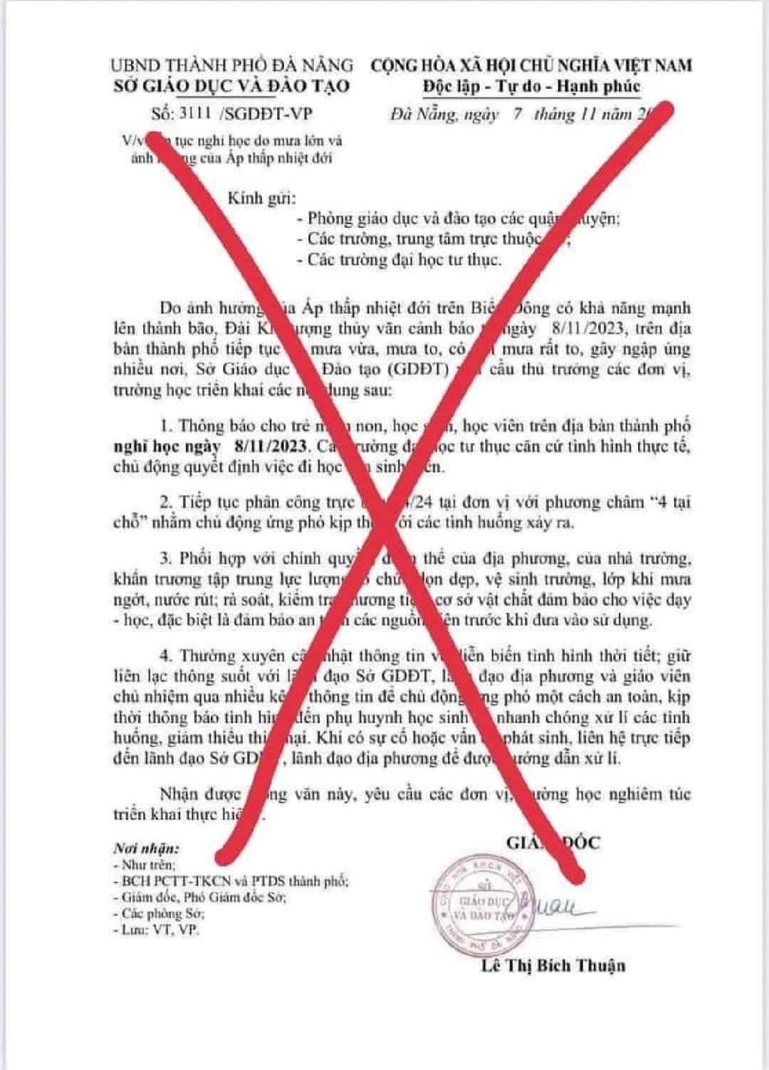 Văn bản giả mạo Sở GDĐT TP Đà Nẵng cho học sinh nghỉ học lan truyền trên mạng vào sáng 8/11.