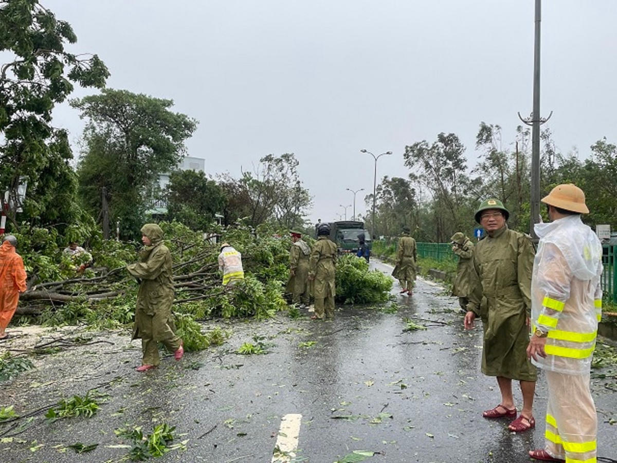 Lực lượng Công an tỉnh ra quân dọn cây ngã đổ dọc tuyến đường.