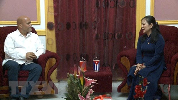Bà Trương Thị Ngọc Ánh, Phó Chủ tịch UBTƯ MTTQ Việt Nam hội đàm với Anh hùng Cuba Gerardo Hernández Nordelo, Ủy viên Trung ương Đảng, Chủ tịch Ủy ban Bảo vệ Cách mạng Cuba. (Ảnh: Mai Phương/TTXVN).  