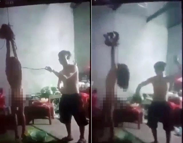 Trong clip, người bố đã dùng roi đánh liên tiếp vào người cháu N.B.N..