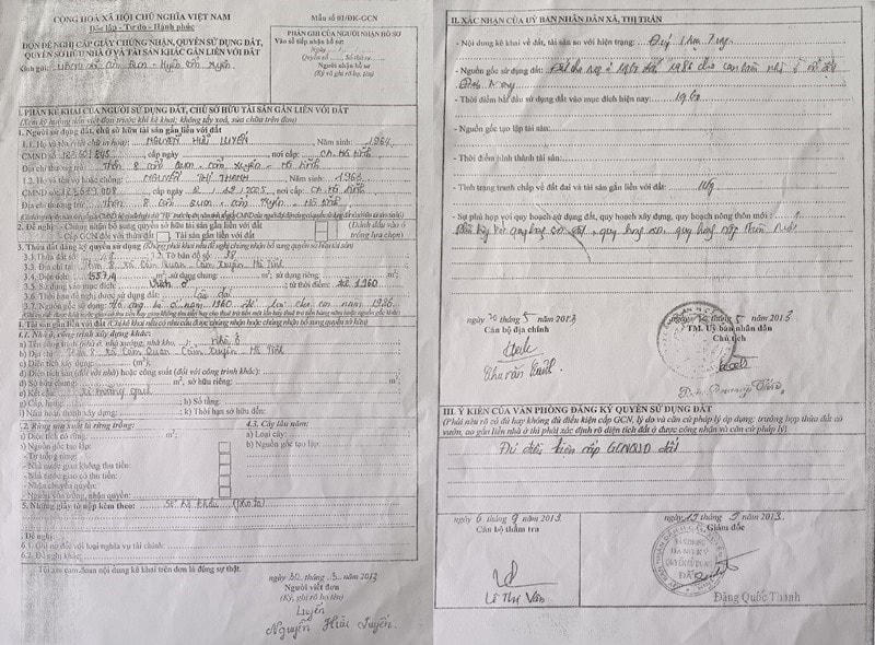 Trong Đơn đề nghị cấp giấy chứng nhận quyền sử dụng đất, ông Nguyễn Hữu Luyến khai là đất sử dụng từ thời điểm 1960. Từ đó, ông Chu Văn Cảnh (Cán bộ địa chính) và ông Bùi Quang Tấn (Chủ tịch UBND xã) cùng ký xác nhận: “Đất cha mẹ ở 1960 đến 1986 cho con làm nhà ở ổn định”