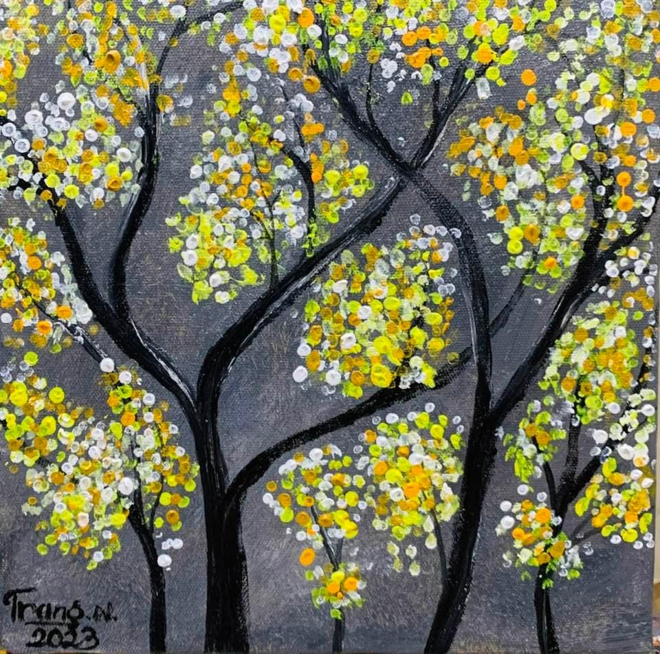 Tác phẩm "Mùa thu Hà Nội" (acrylic) của họa sĩ Nguyễn Thu Trang gửi tham gia triển lãm đấu giá.