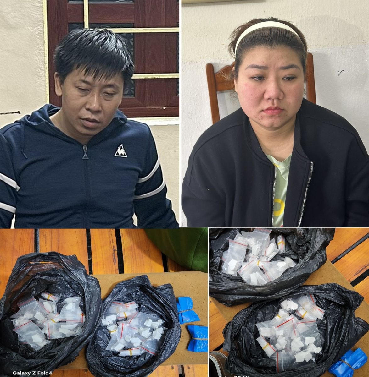 Đối tượng Nguyễn Thị An (phải) và Nguyễn Minh Đức (trái) cùng số ma túy thu giữ