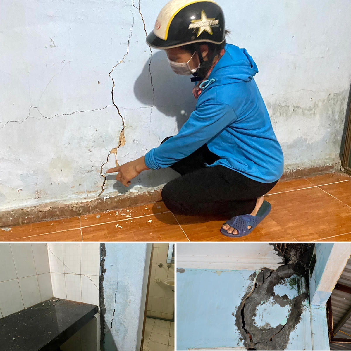 Bà Lưu Thị Liên (tổ 6, khu 3B, phường Giếng Đáy) phải đội mũ bảo hiểm khi vào nhà vì sợ gạch vỡ rơi vào đầu… Bà Liên chia sẻ: Nhà tôi xuất hiện những vết nứt này cũng được vài tháng, ban đầu chỉ có nứt bé, rạn nứt quá nhỏ thì gia đình vẫn phải chắp vá vào để ở tạm. Nhưng bây giờ nứt từ trên xuống dưới, từ ngang đến dọc, từ nền nhà, từ mái thì không an toàn cho bản thân mình thì bắt buộc phải di chuyển. Bây giờ chúng tôi phải đi thuê nhà vì chưa có nhà.