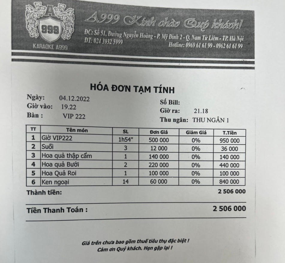 Hoá đơn thanh toán cơ sở đã cung cấp dịch vụ hát karaoke cho khách hàng trong ngày 4/12/2022. Ảnh: CA TP Hà Nội.