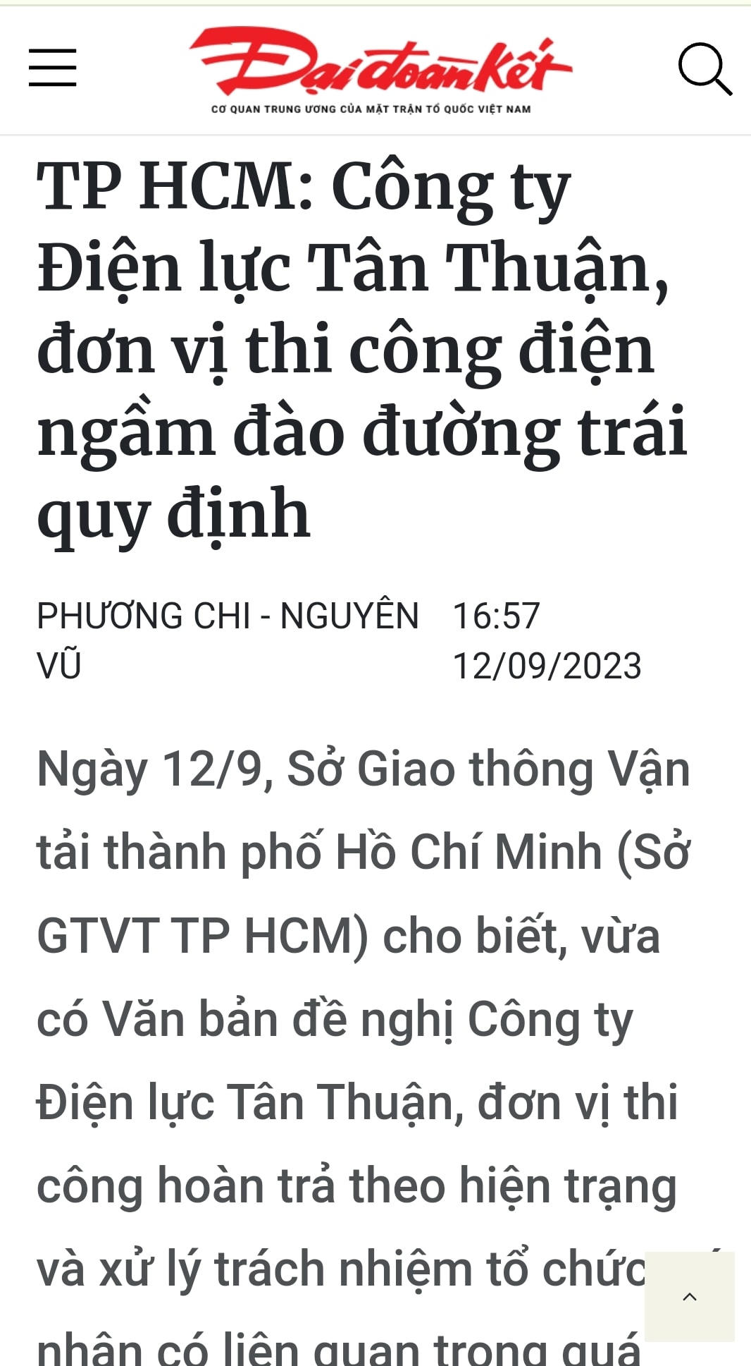 Báo điện tử Đại Đoàn Kết phản ánh thông tin ngày 12/9/2023