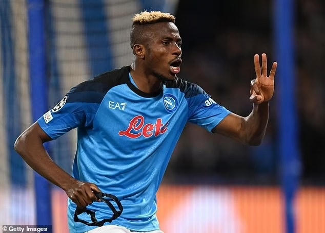Victor Osimhen ghi 3 bàn vào lưới Frankfurt trong tổng số 5 bàn của Napoli sau 2 lượt trận vòng 1/8 Champions League (Ảnh: Getty).