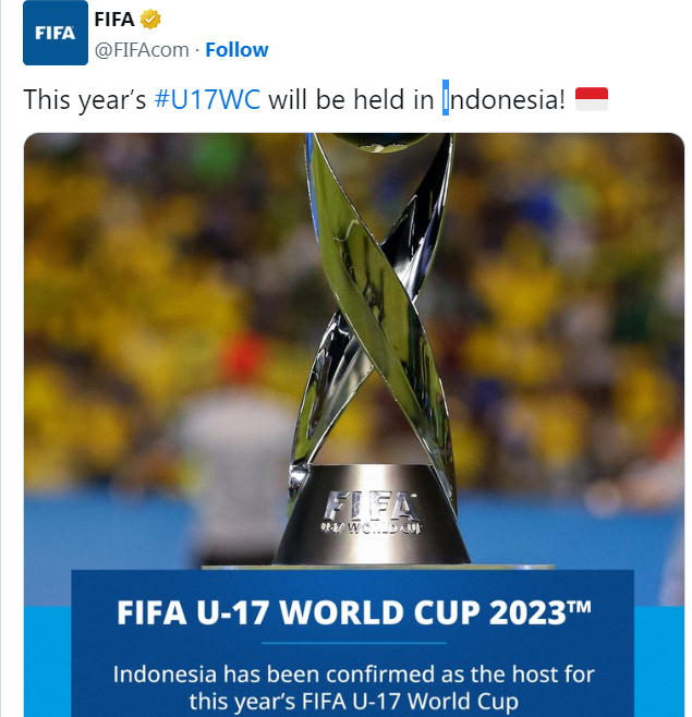 FIFA bất ngờ được trao quyền đăng cai World Cup U17 cho Indonesia (Ảnh: Twitter FIFA).