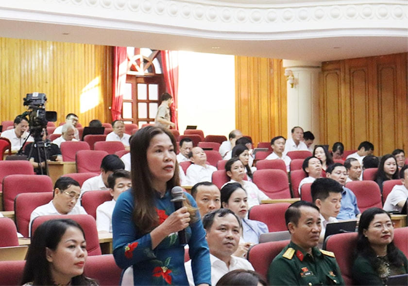 Đại biểu Trần Thị Hoa - Bí thư Đảng ủy xã Thạch Văn (tổ đại biểu HĐND tỉnh bầu tại Thạch Hà, Hà Tĩnh) đặt câu hỏi.