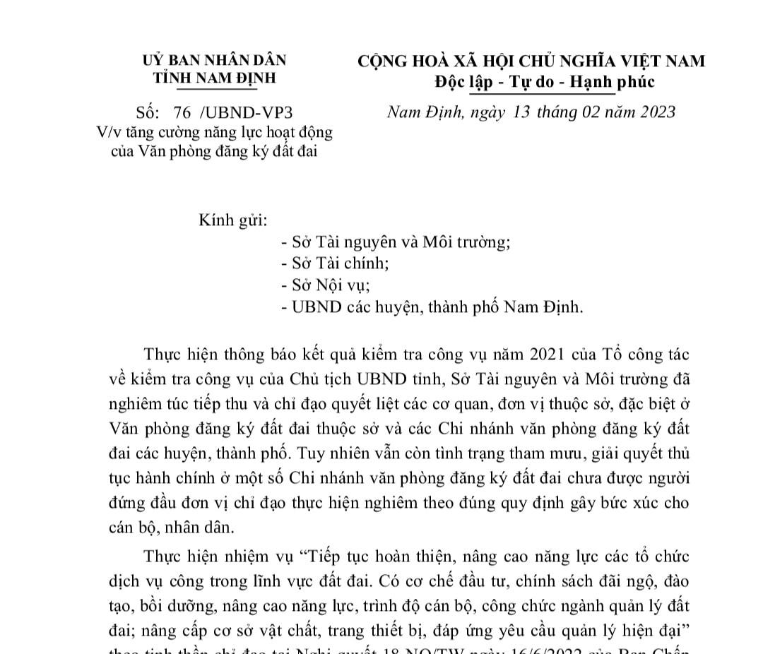 Văn bản chỉ đạo của UBND tỉnh Nam Định về việc tăng cường năng lực hoạt động của Văn phòng Đăng ký đất đai.