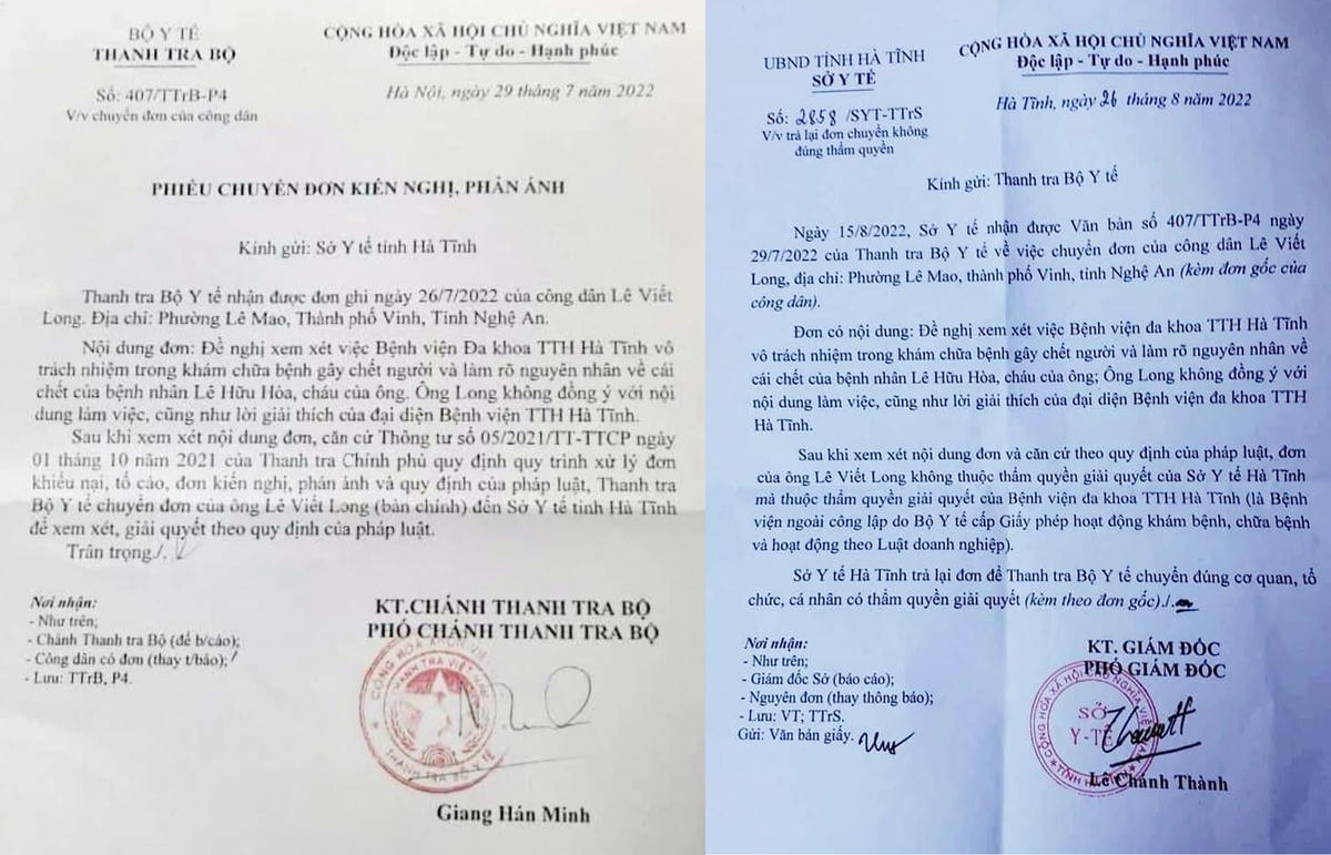 Phiếu chuyển đơn của Bộ Y tế và Văn bản trả lại đơn của Sở Y tế Hà Tĩnh.