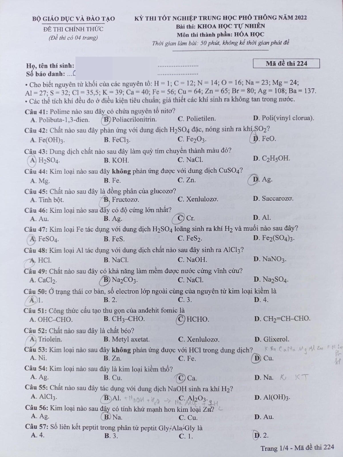 Đề thi môn Hóa học, mã đề thi 224.