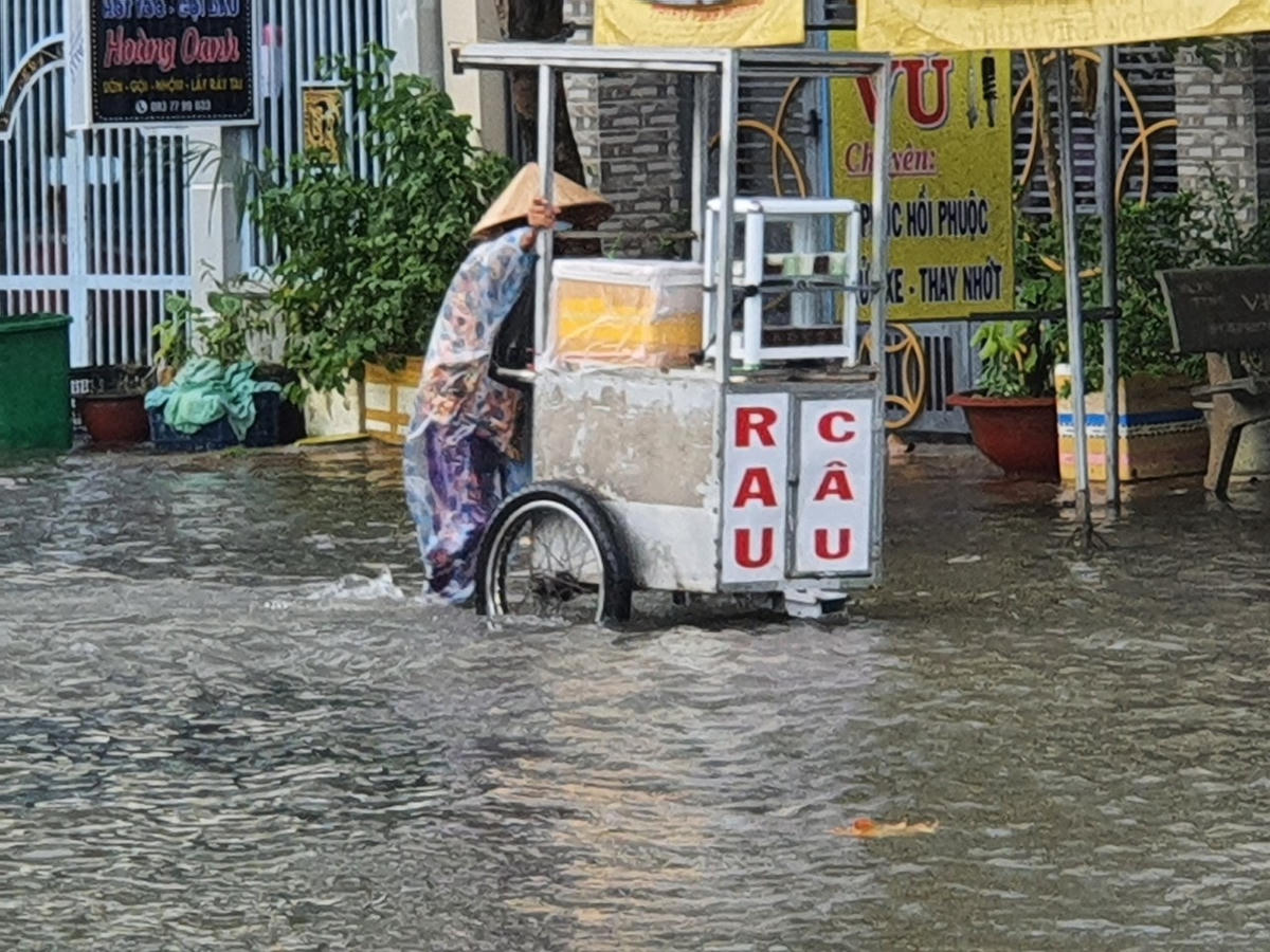 Người bán hàng khó khăn lắm mới đẩy được chiếc xe.
