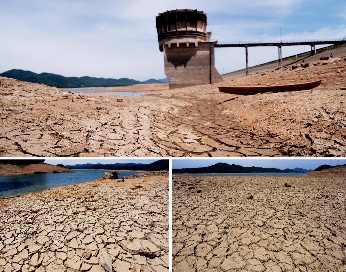 Nắng nóng kéo dài, một số khu vực trong hồ Kẻ Gỗ cạn trơ đáy, đất nứt nẻ.